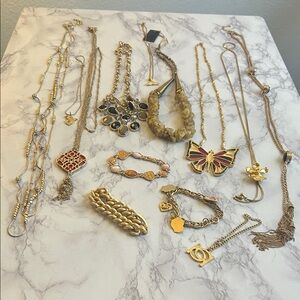 Lot of 14 Gold Tone Fashion Necklaces & Bracelets